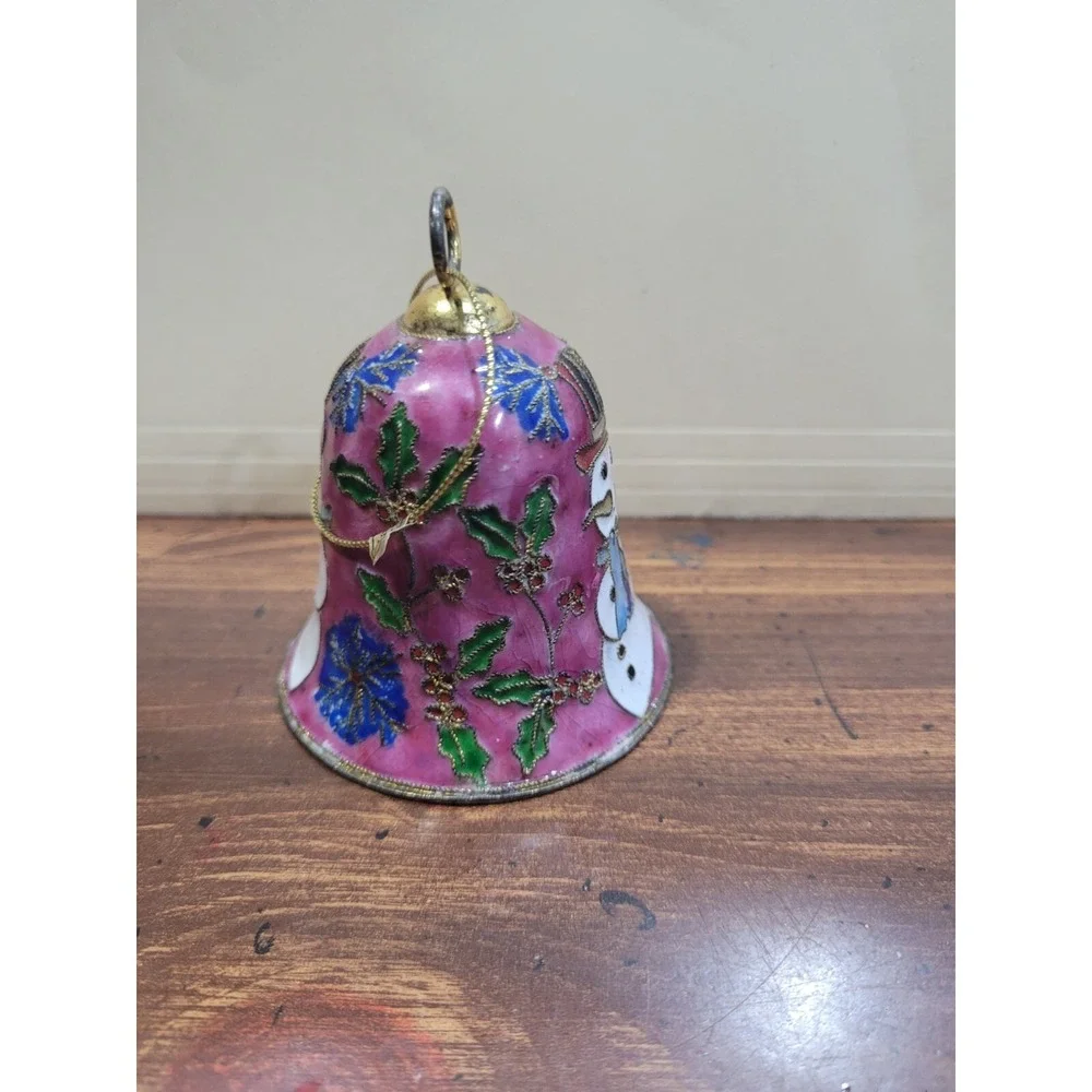 Snowman Bell Cloisonne Pink & Gold Bell Enamel Design Christmas Ornament
